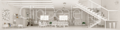 White apartment interior panorama 3d rendering