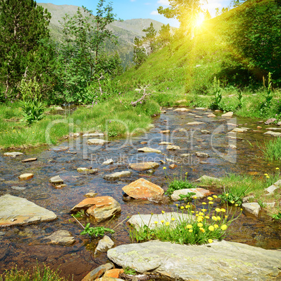 Sunset in mountains and a picturesque stream