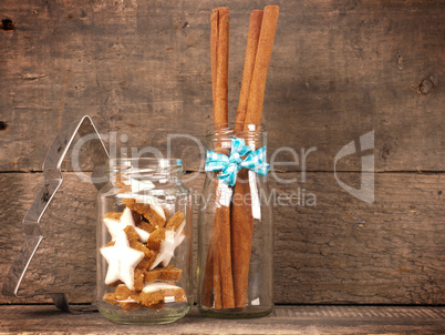 Christmas decoration with cinnamon stars in a glass