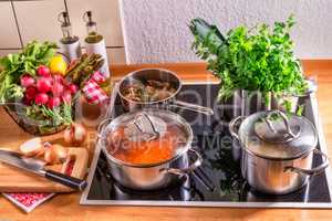 cooking pots on the stove