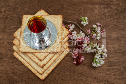 Pesach Still-life with wine and matzoh jewish passover bread