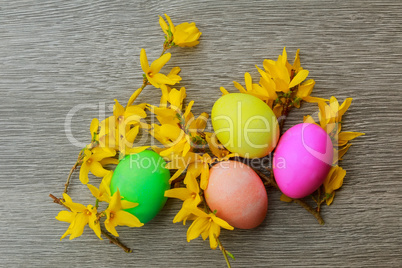 Easter eggs on a flowering tree branch