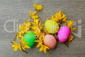 Easter eggs on a flowering tree branch