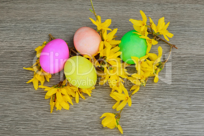 Easter eggs on a flowering tree branch