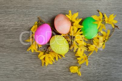 Easter eggs on a flowering tree branch