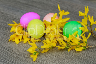 Easter eggs on a flowering tree branch