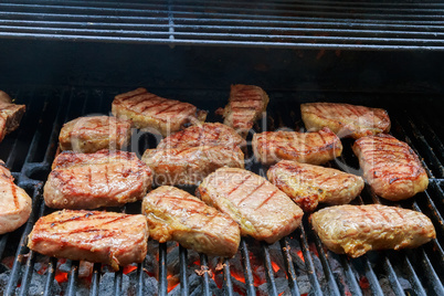 fresh hot grilled chicken shish kebab barbecue on grid over