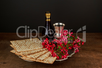 Pesach Still-life with wine and matzoh jewish passover bread