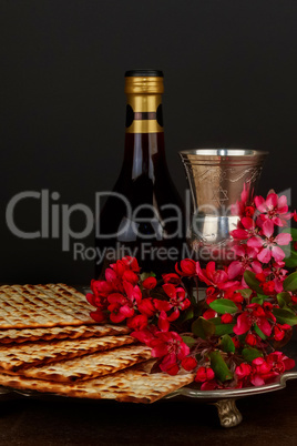 Pesach matzo  with wine and matzoh jewish passover bread