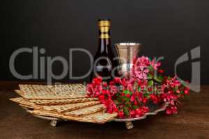 Pesach Still-life with wine and matzoh jewish passover bread