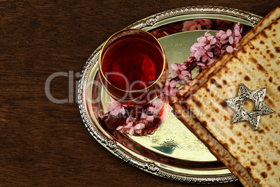 Pesach Still-life with wine and matzoh jewish passover bread