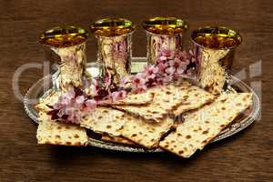 Pesach Still-life with wine and matzoh jewish passover bread