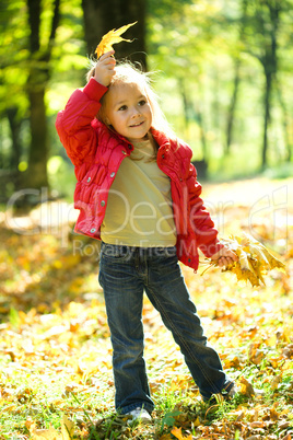 Little girl is playing in autumn park