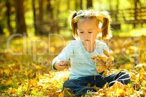 Cute little girl is playing with leaves in park