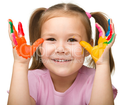 Cheerful girl with painted hands