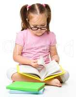 Cute little girl reads a book