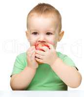 Cute little child is biting red apple