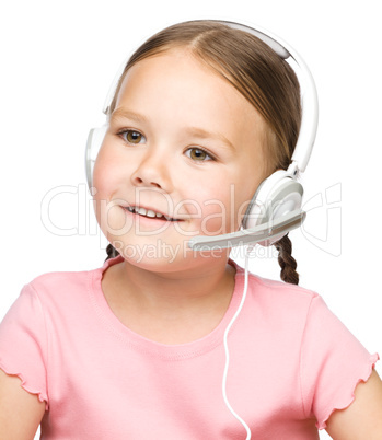 Cute little girl is talking to customers