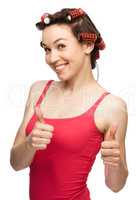 Woman is showing thumb up gesture