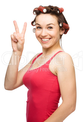 Woman is showing victory sign