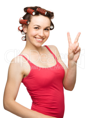 Woman is showing victory sign