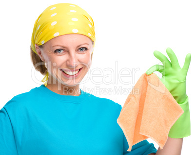Young woman holding cleaning rag
