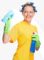 Young woman is cleaning glass using rag