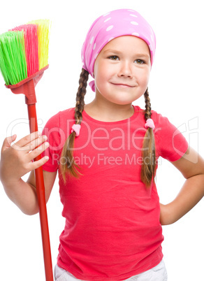 Young girl is dressed as a cleaning maid