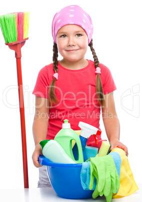 Young girl is dressed as a cleaning maid