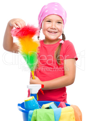 Young girl is dressed as a cleaning maid
