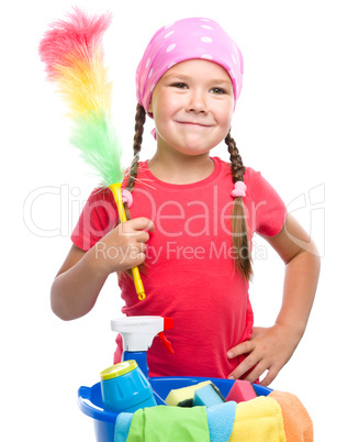 Young girl is dressed as a cleaning maid