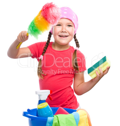 Young girl is dressed as a cleaning maid