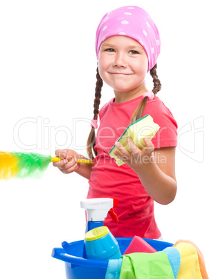 Young girl is dressed as a cleaning maid