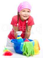 Young girl is dressed as a cleaning maid