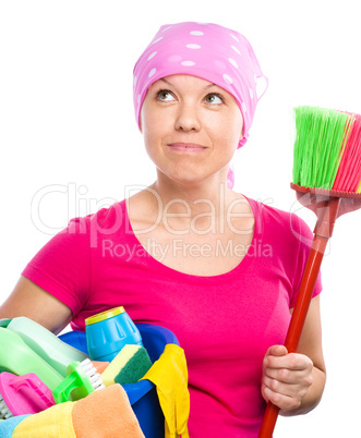 Young woman is dressed as a cleaning maid