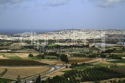 Sunny view of fields from tower of Mdina, Malta.