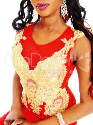 Closeup of embroideries on red dress.