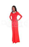 Slim African American woman long red dress.