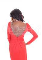 African American woman red dress from back.