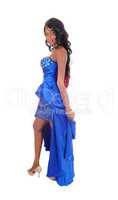 Pretty African American woman in blue dress.