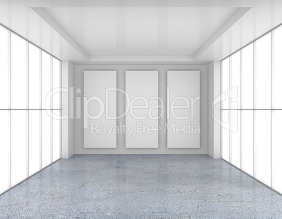 Empty room with white billboards and glossy concrete floor