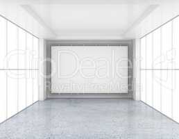 Empty room with white billboard and glossy concrete floor