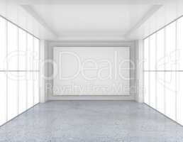 Empty room with white billboard and glossy concrete floor. 3d rendering