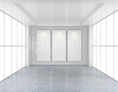 Empty room with white billboards and glossy concrete floor
