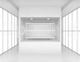Exhibit Showcases with blank white shelves for