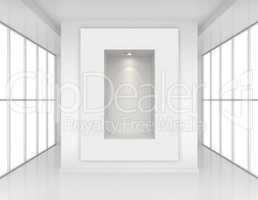 Exhibit Showcases with light sources in blank interior room large windows. 3d rendering