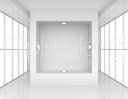 Exhibit Showcases with light sources in blank interior room large windows. 3d rendering