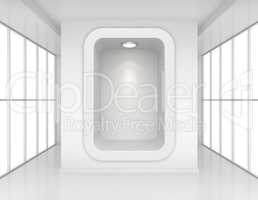 Exhibit Showcases with light sources in blank interior room large windows. 3d rendering