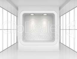 Exhibit Showcases with light sources in blank interior room large windows