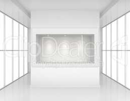 Exhibit Showcases with light sources in blank interior room large windows. 3d rendering